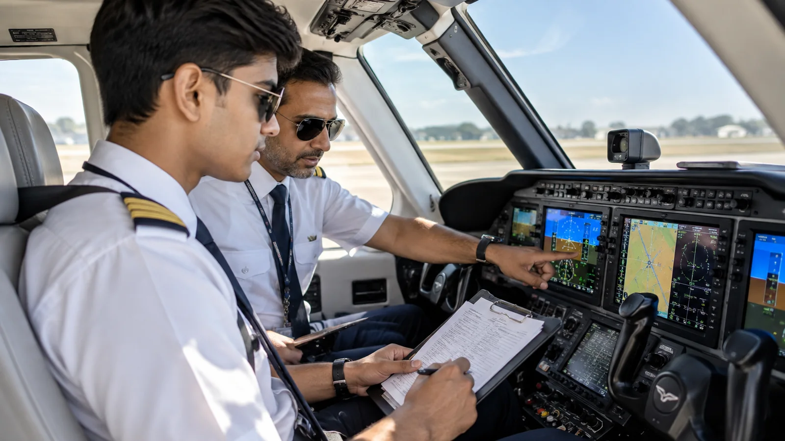Commercial pilot licence preparation student and aviation training scene